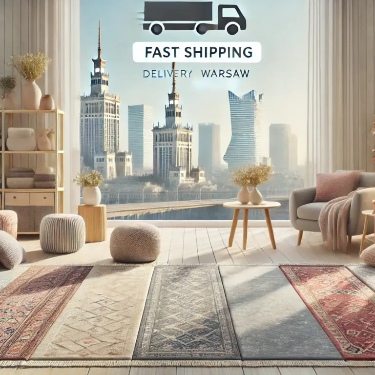 DALL·E 2024 10 20 16.40.49 A modern online rug store website interface with a focus on Warsaw showcasing a wide selection of rugs in different styles and sizes. The visual shou