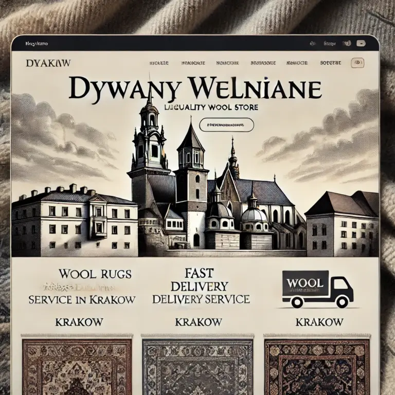 DALL·E 2024 10 20 16.58.55 A modern online rug store interface showcasing high quality wool rugs with the text dywanywelniane.pl prominently displayed. The website should have