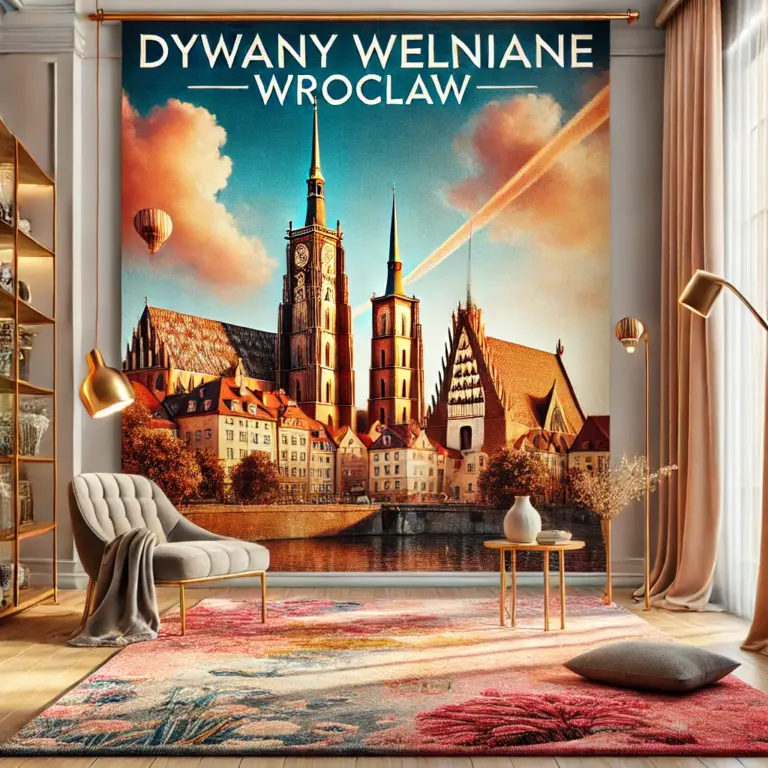 DALL·E 2024 10 20 20.13.17 A vibrant scene showcasing luxurious wool rugs displayed in an elegant modern home interior with subtle references to Wroclaws landmarks such as t