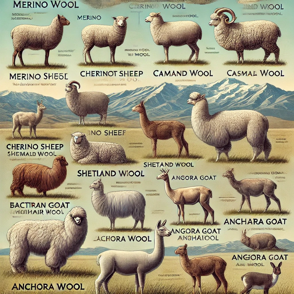 DALL·E 2025 03 15 16.56.45 A detailed illustration showcasing different types of wool and their animal sources in a natural setting. The image includes labeled sections featurin